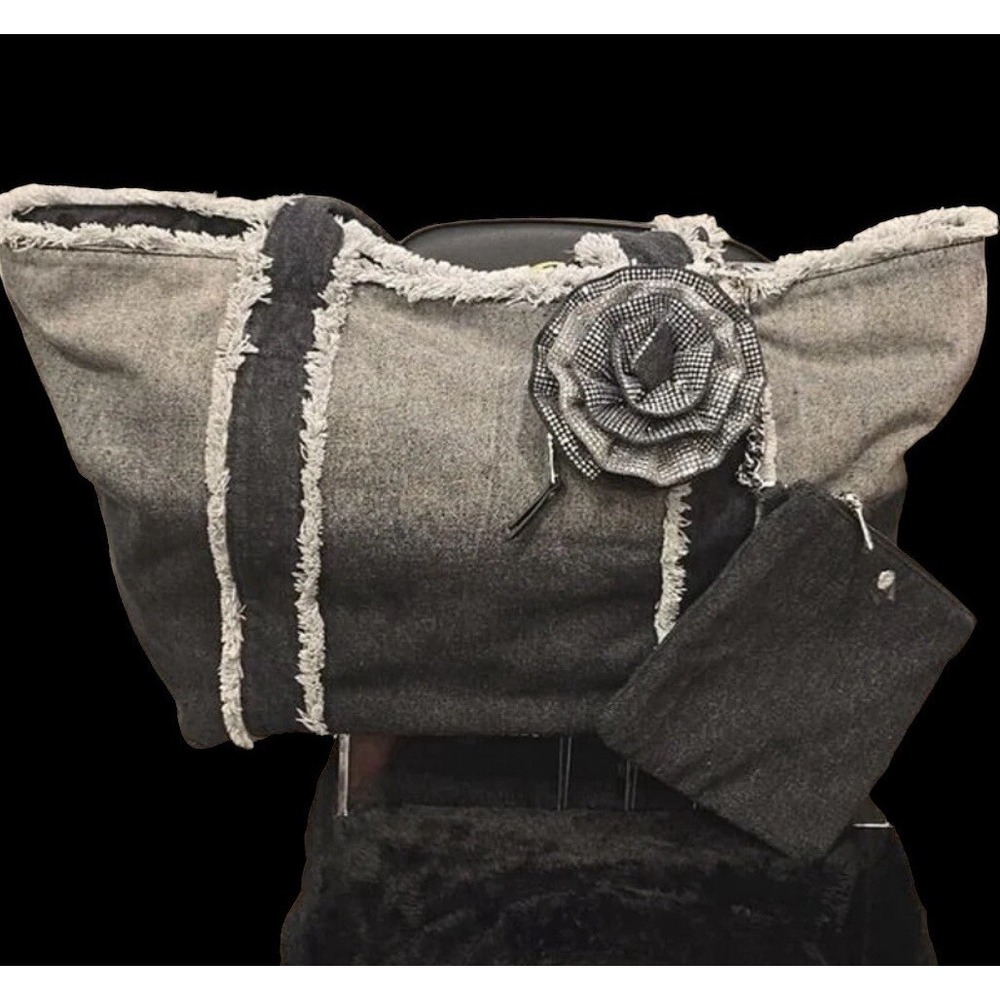 Steve Madden BBecki Distressed Denim Tote‎ Bag w/Flower Coin Wa& Wristlet